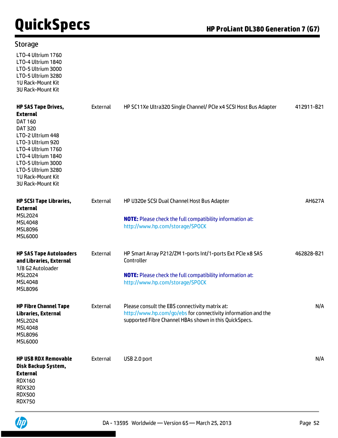 HP DL380 Generation 7 (G7) HP Scsi Tape Libraries, HP SAS Tape Autoloaders, Libraries, External, HP Fibre Channel Tape 