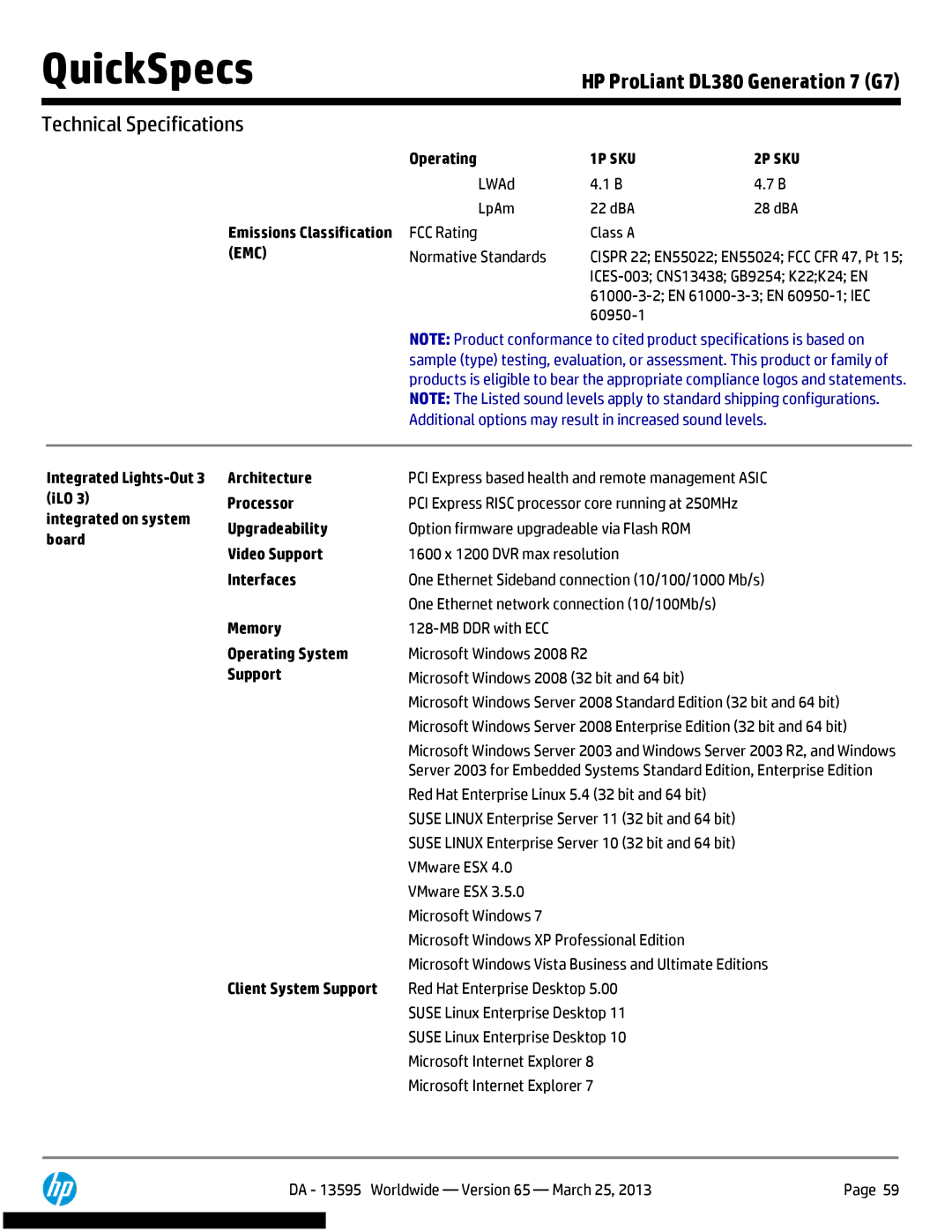 HP DL380 Generation 7 (G7) manual Operating, Integrated Lights-Out 3 Architecture, ILO Processor, Board Video Support 