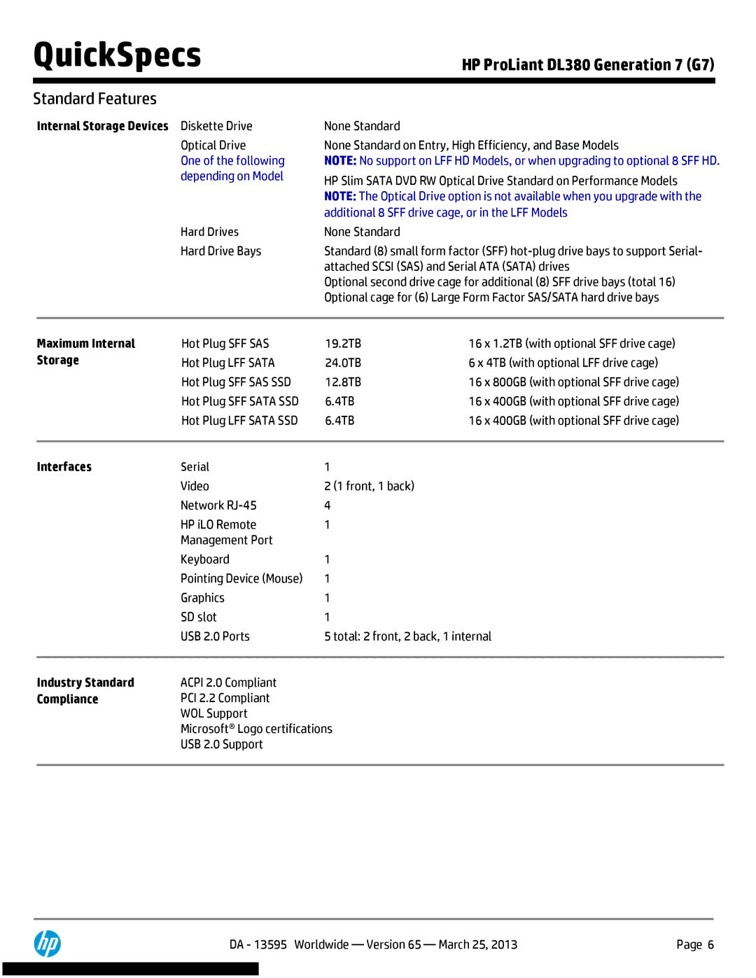 HP DL380 Generation 7 (G7) manual Maximum Internal, Storage, Interfaces, Industry Standard, Compliance 