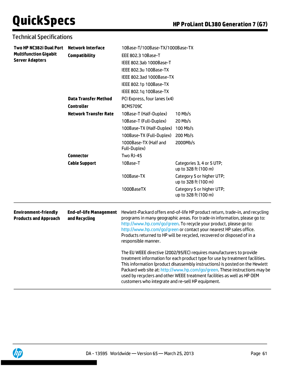 HP DL380 Generation 7 (G7) Network Interface, Multifunction Gigabit Compatibility, Server Adapters, Data Transfer Method 