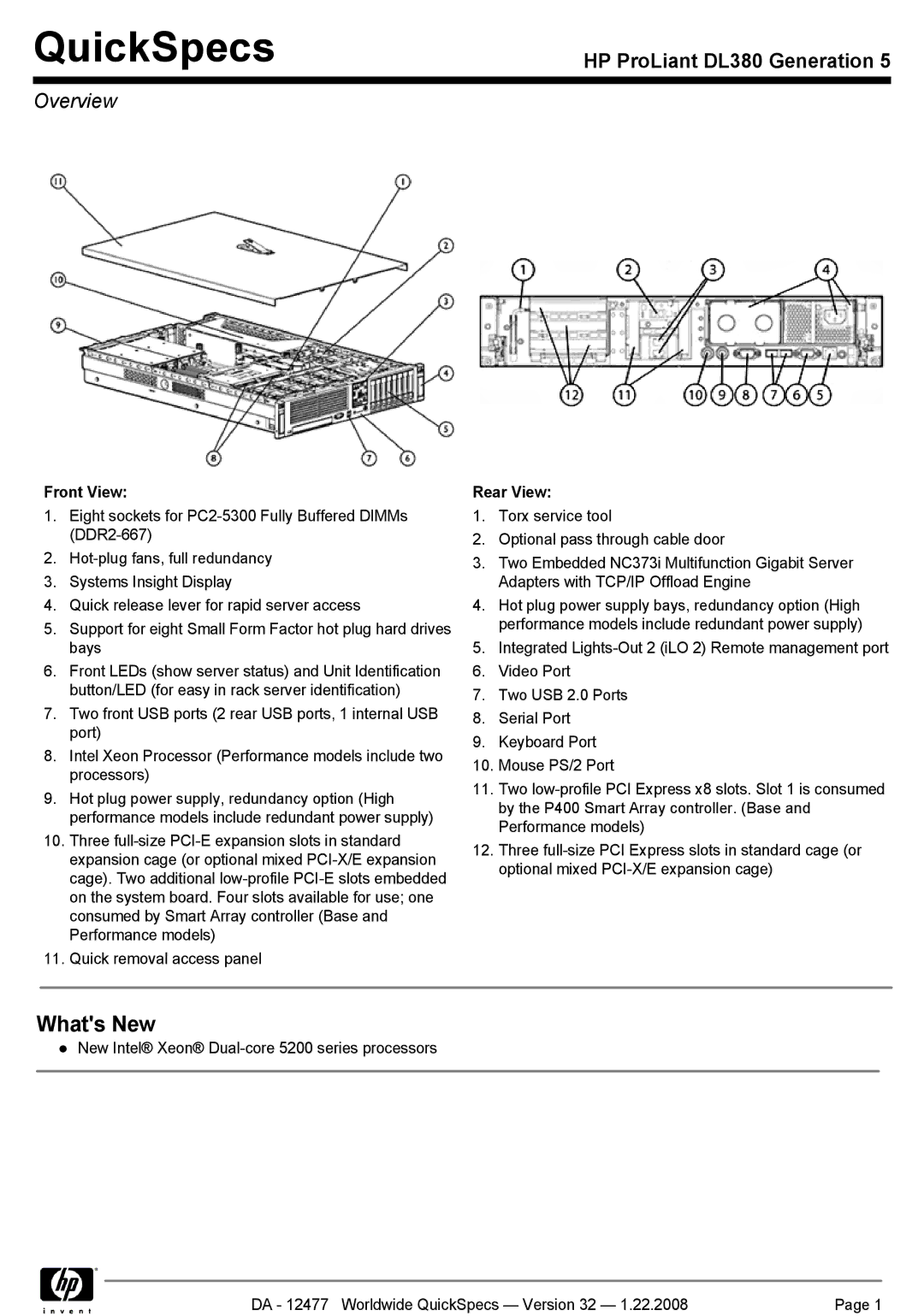 HP DL380 manual Overview, Front View, Rear View 