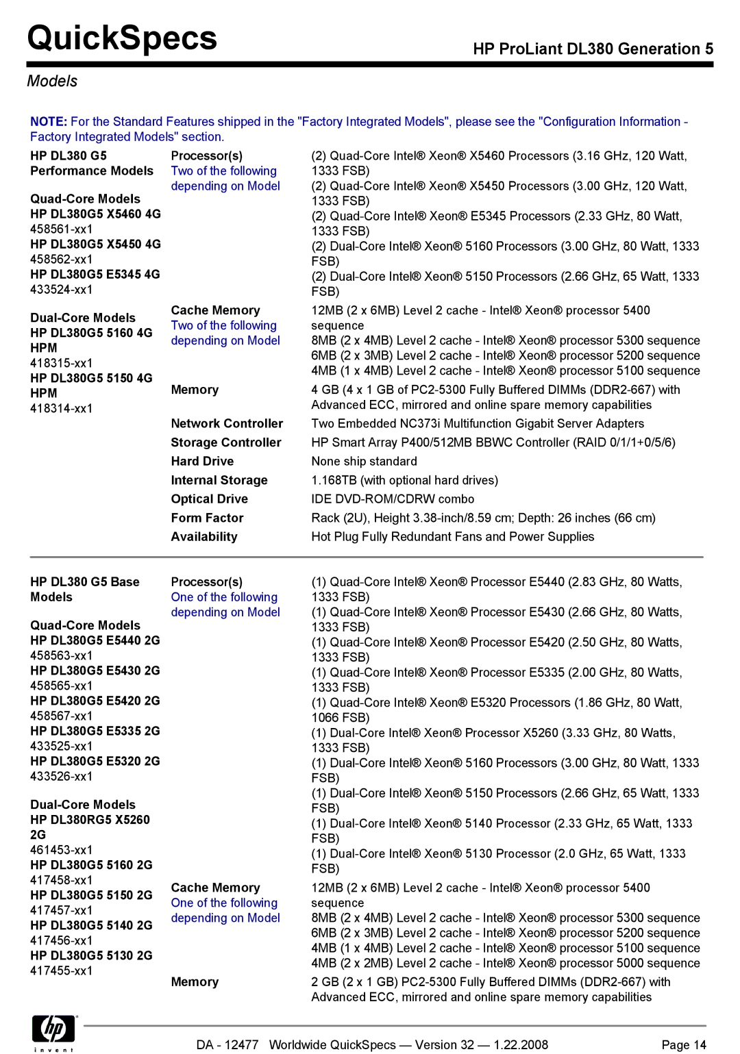 HP DL380 manual Models 