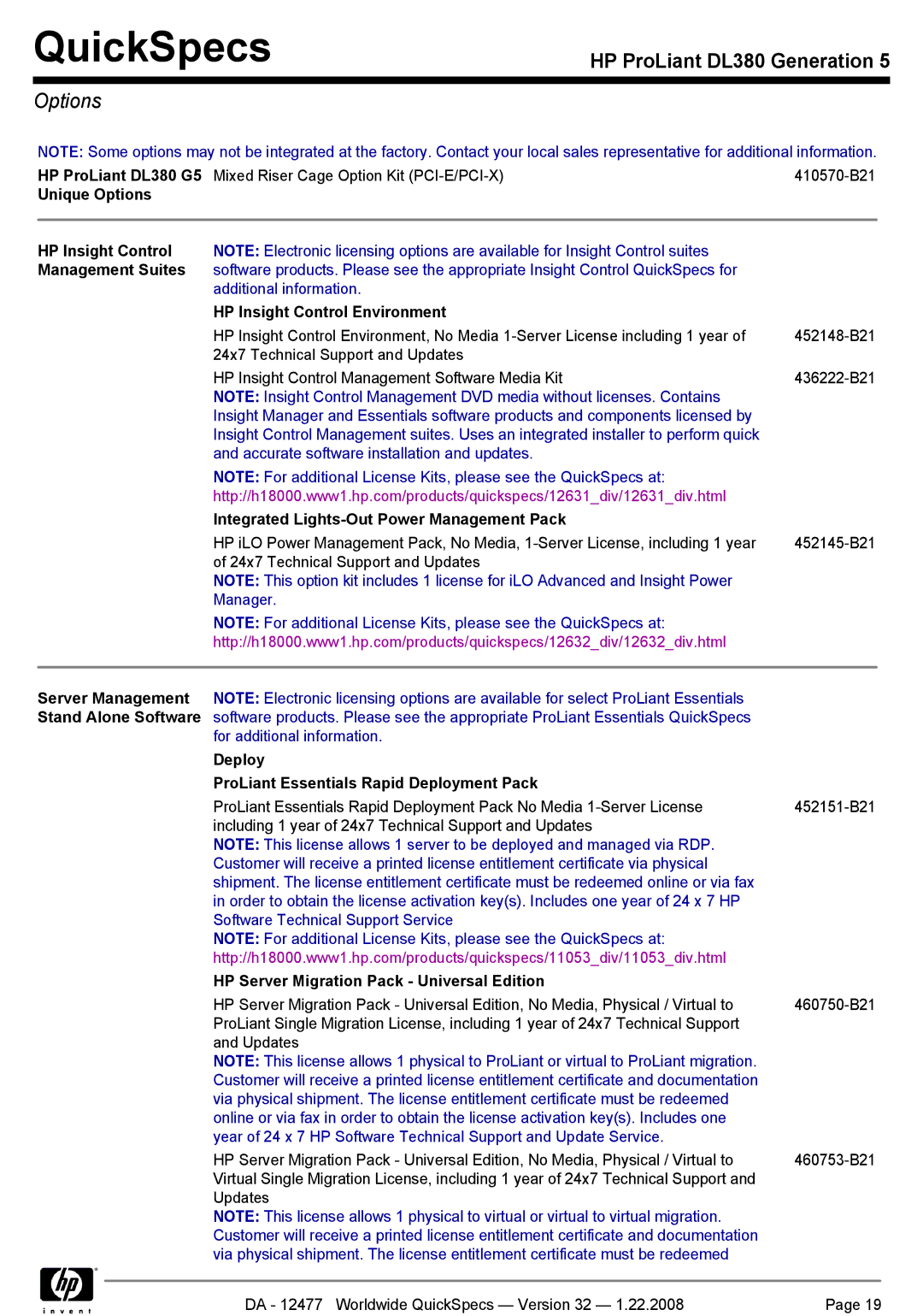 HP DL380 manual Options 