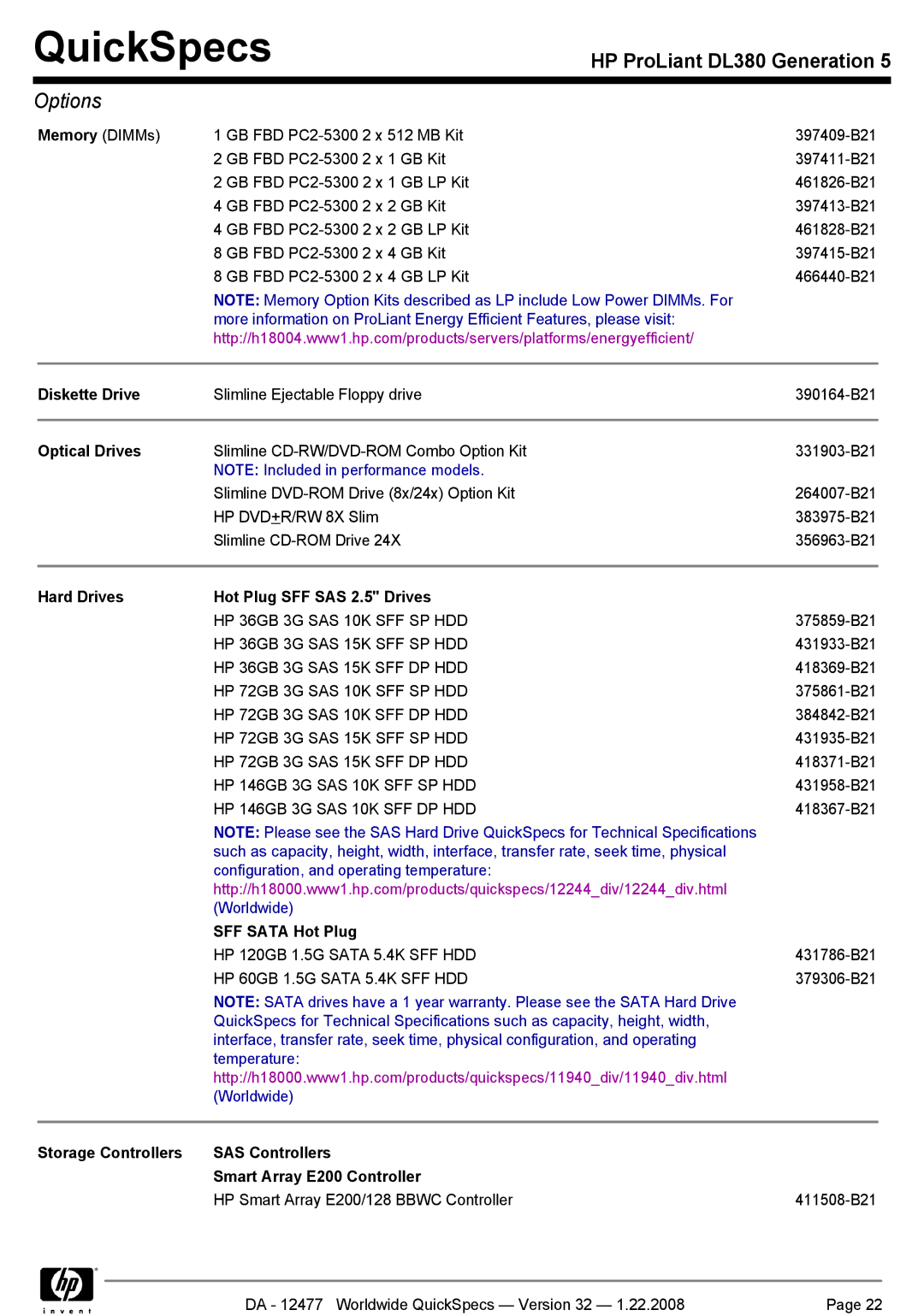 HP DL380 manual Memory DIMMs, Diskette Drive, Optical Drives, Hard Drives Hot Plug SFF SAS 2.5 Drives, SFF Sata Hot Plug 