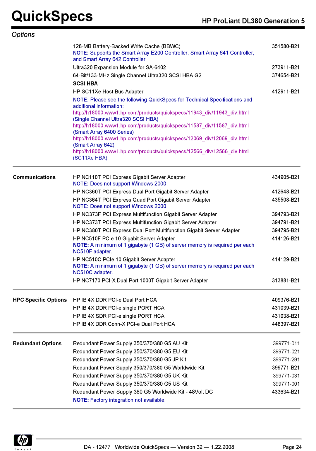 HP DL380 manual Communications, NC510F adapter, NC510C adapter, HPC Specific Options, Redundant Options 