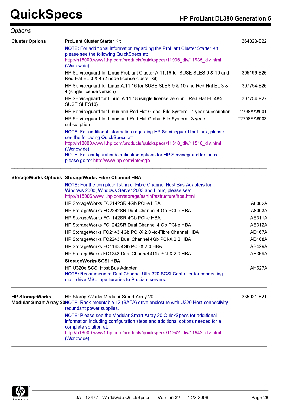 HP DL380 Cluster Options, StorageWorks Options StorageWorks Fibre Channel HBA, StorageWorks Scsi HBA, HP StorageWorks 