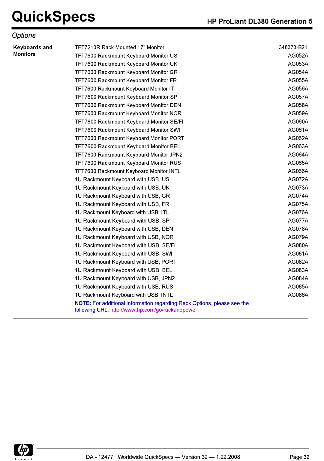 HP DL380 manual Keyboards and Monitors 