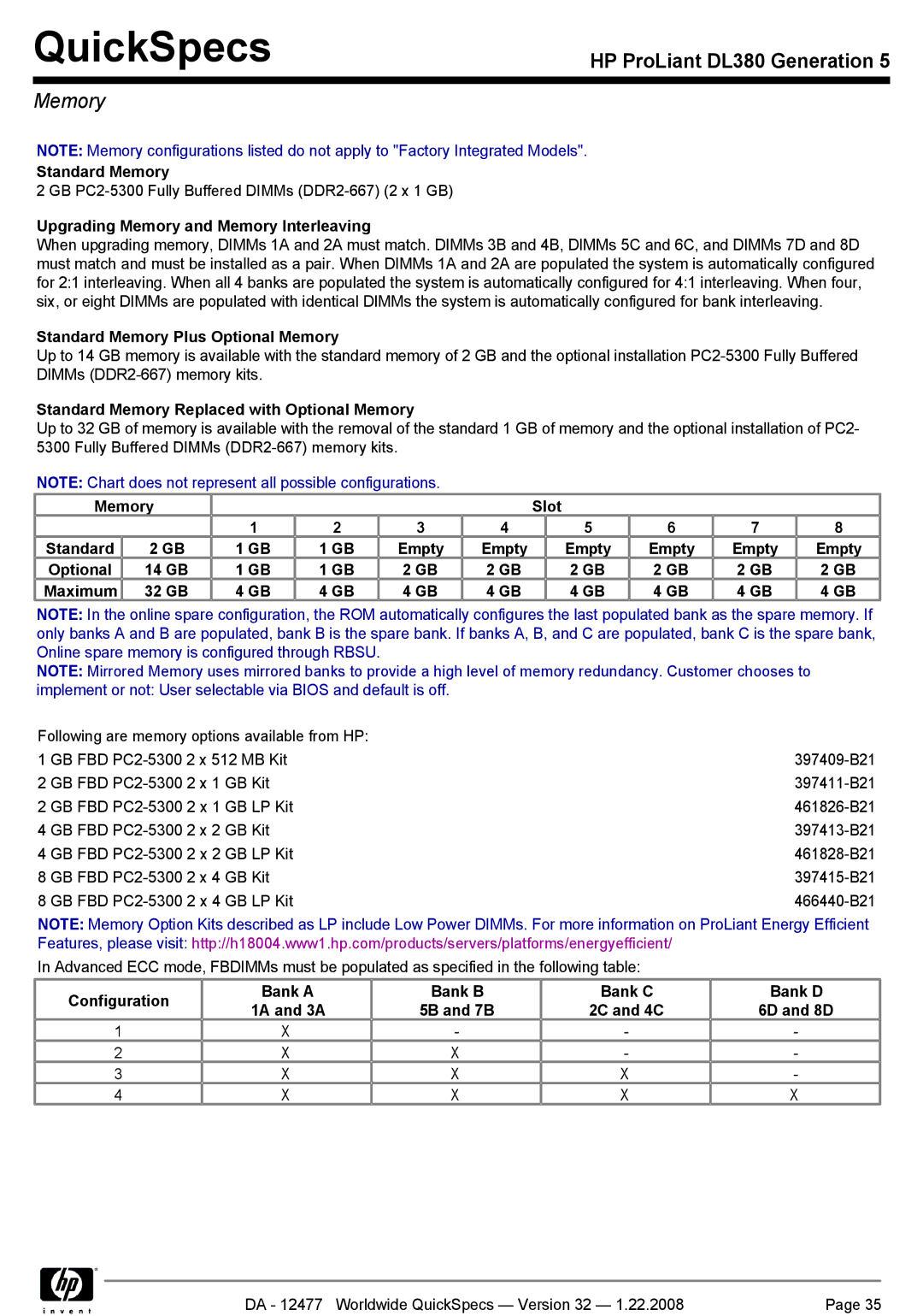 HP DL380 manual Memory 