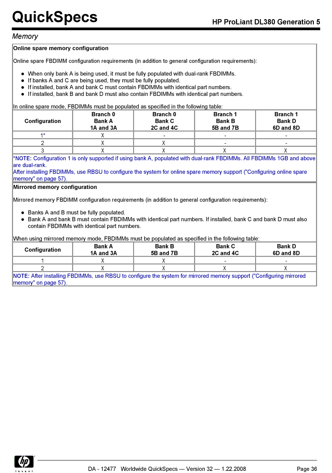 HP DL380 manual Online spare memory configuration, Mirrored memory configuration 