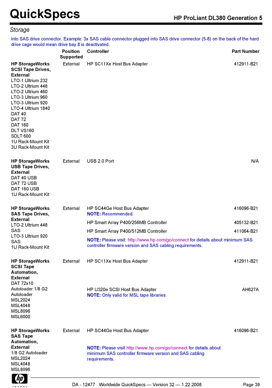 HP DL380 Position Controller Part Number Supported HP StorageWorks, Scsi Tape Drives External, USB Tape Drives External 