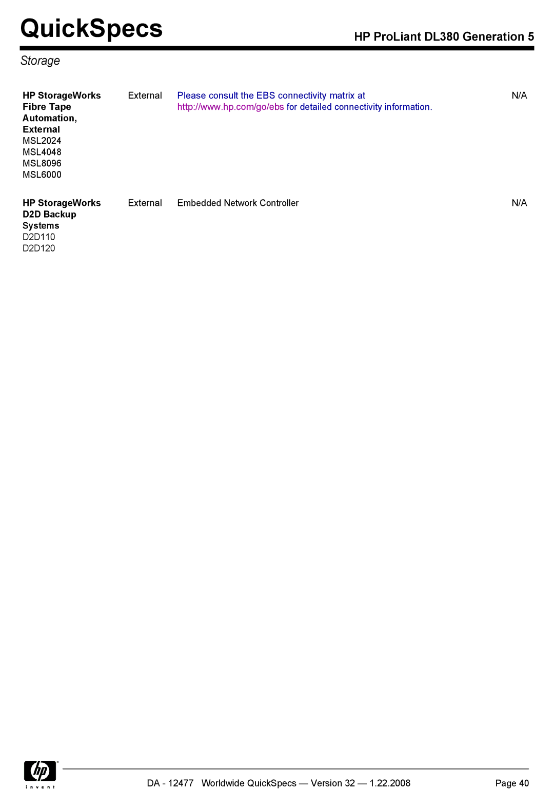 HP DL380 manual Please consult the EBS connectivity matrix at, Fibre Tape Automation External, D2D Backup Systems 