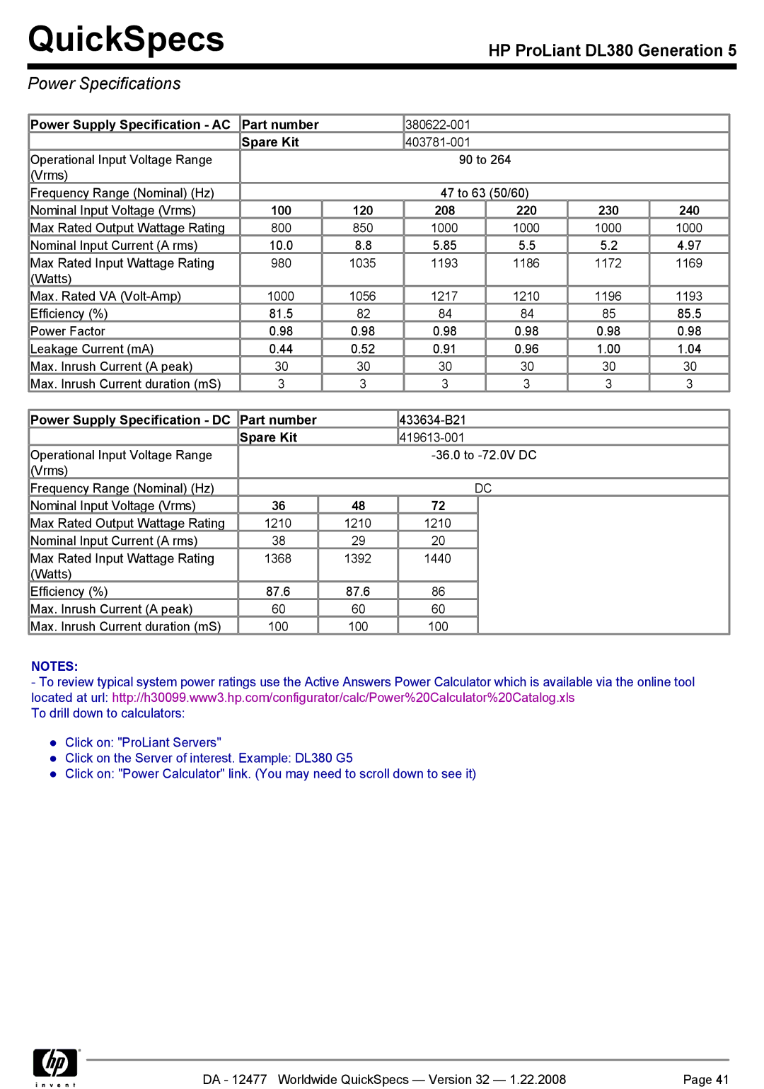 HP DL380 manual Power Specifications, Power Supply Specification AC Part number, Spare Kit, 100 120 208 220 230 240 