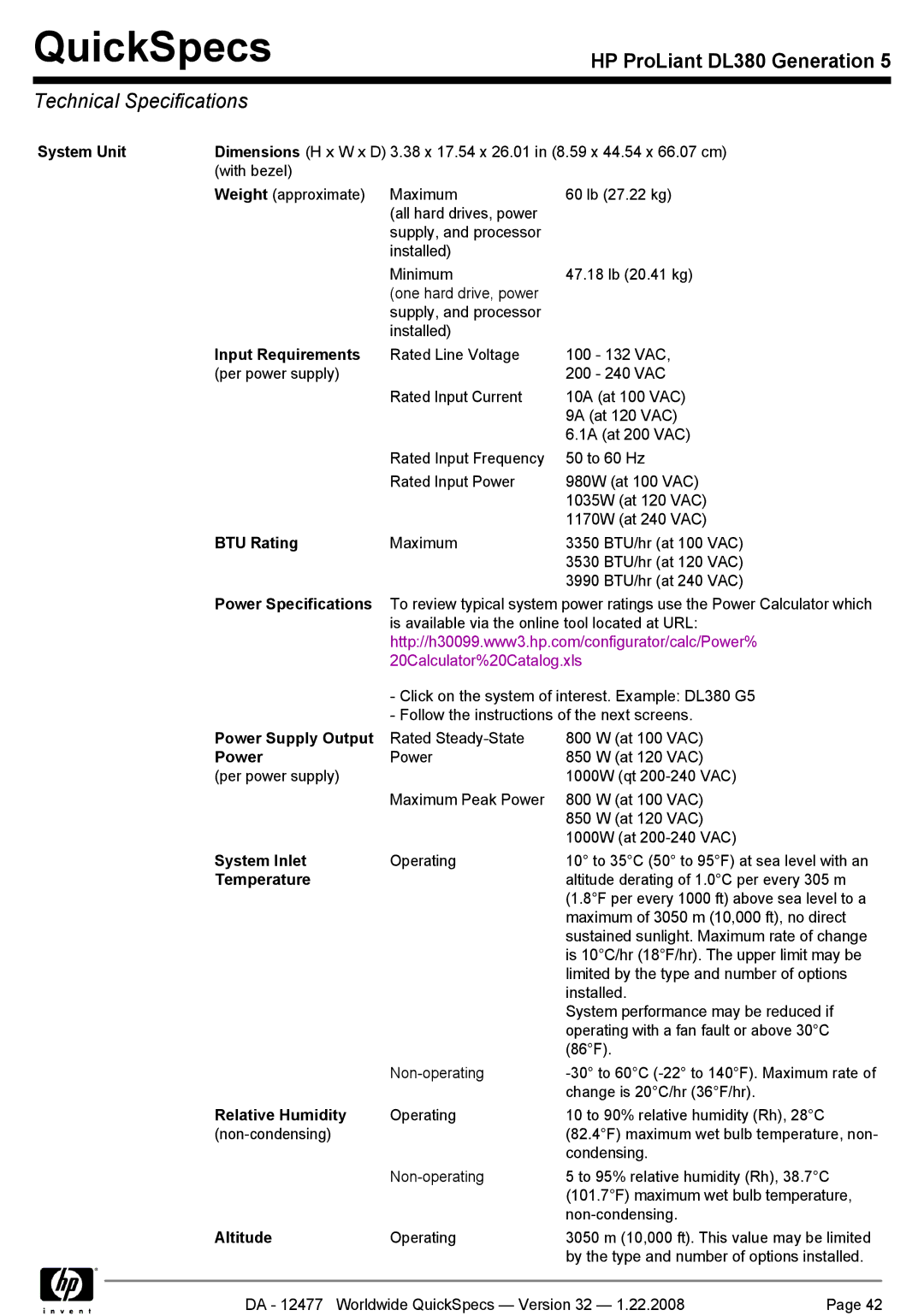 HP DL380 manual Technical Specifications 