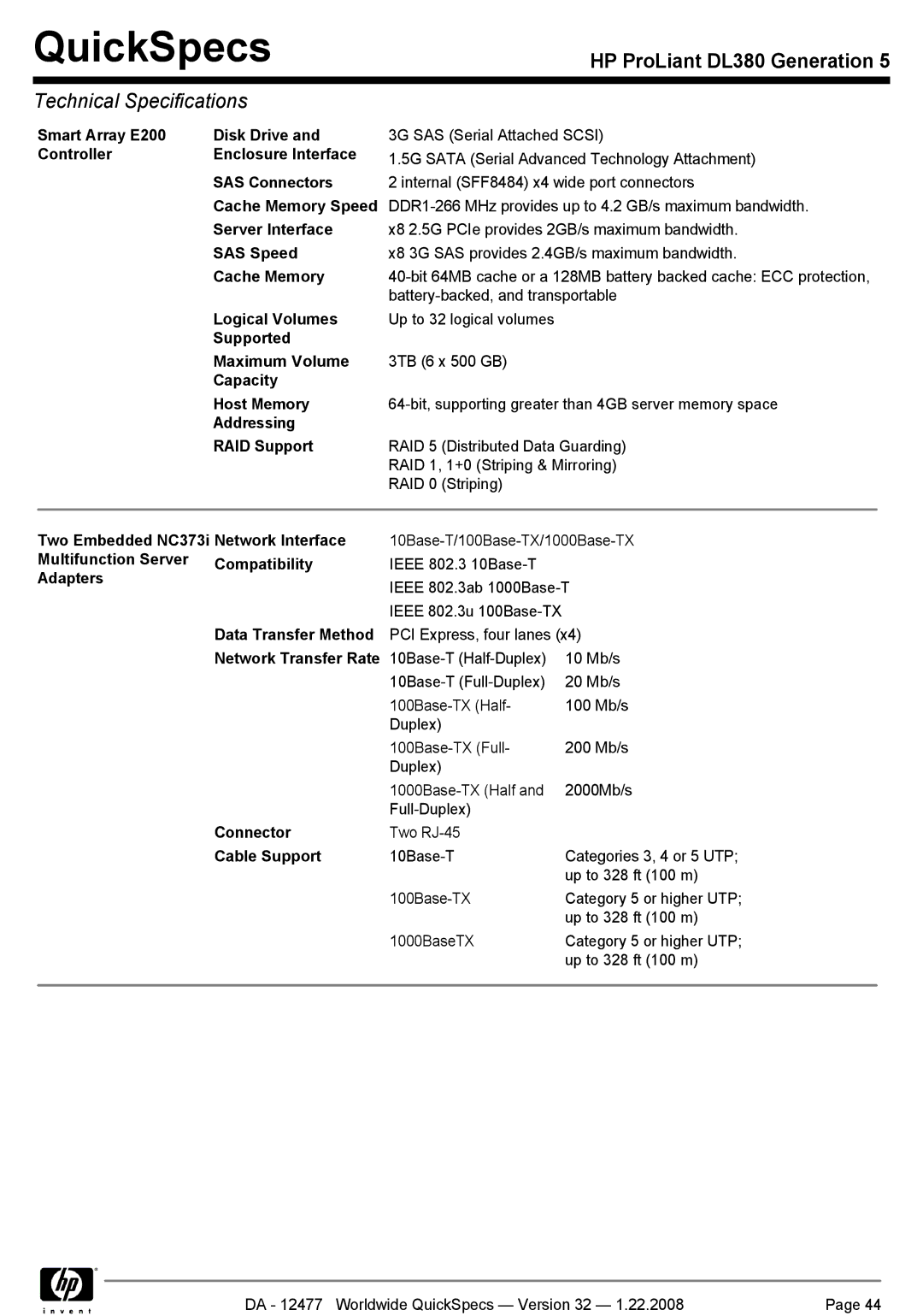 HP DL380 manual Smart Array E200 Disk Drive, SAS Connectors, Cache Memory Speed, Logical Volumes, Supported Maximum Volume 