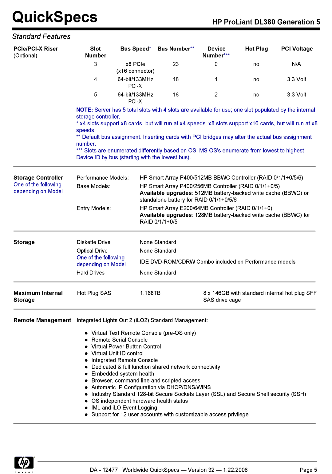 HP DL380 manual Number, Storage Controller One of the following depending on Model, Maximum Internal 