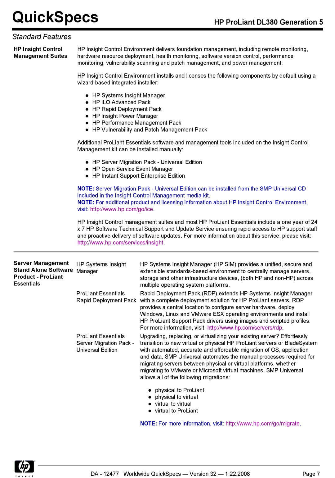 HP DL380 manual Server Management HP Systems Insight, Stand Alone Software Manager, Product ProLiant, Essentials 