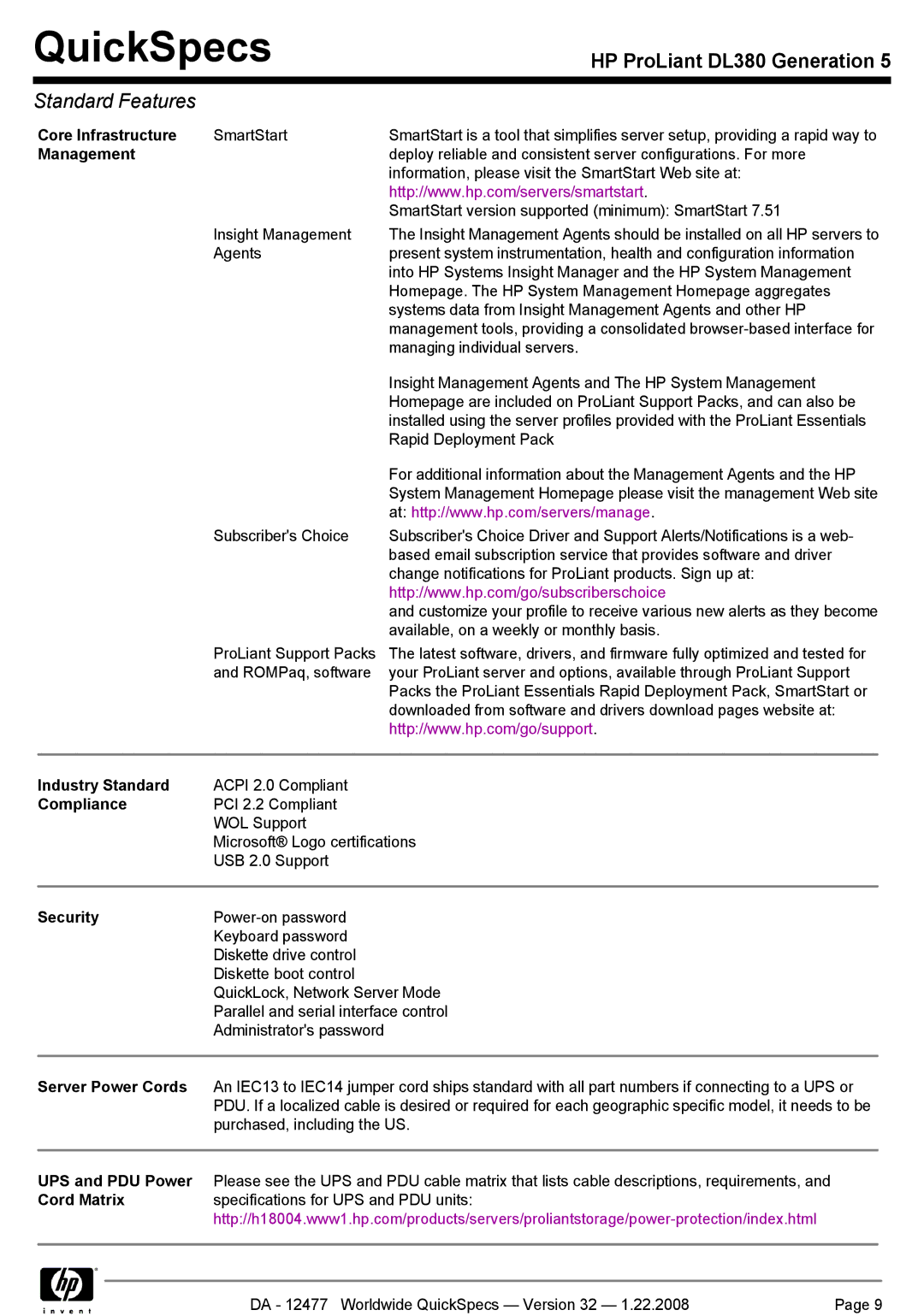 HP DL380 Core Infrastructure, Industry Standard, Compliance, Security, Server Power Cords, UPS and PDU Power, Cord Matrix 