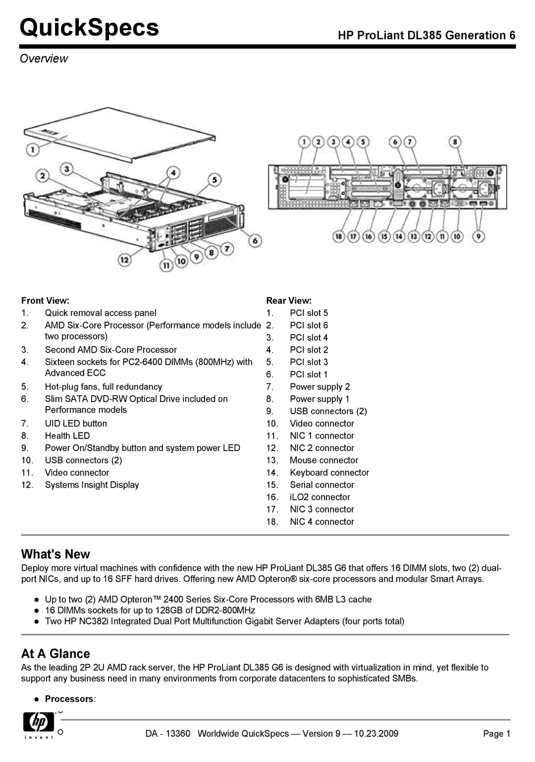 HP DL385 manual Overview, Front View Rear View, Processors 