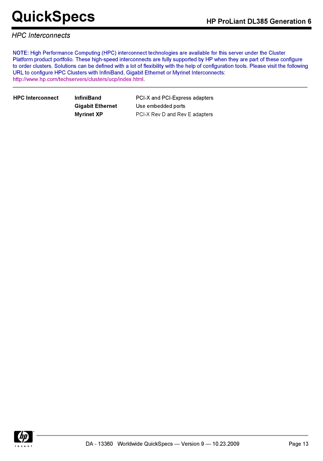 HP DL385 manual HPC Interconnects, HPC Interconnect InfiniBand, Gigabit Ethernet, Myrinet XP 