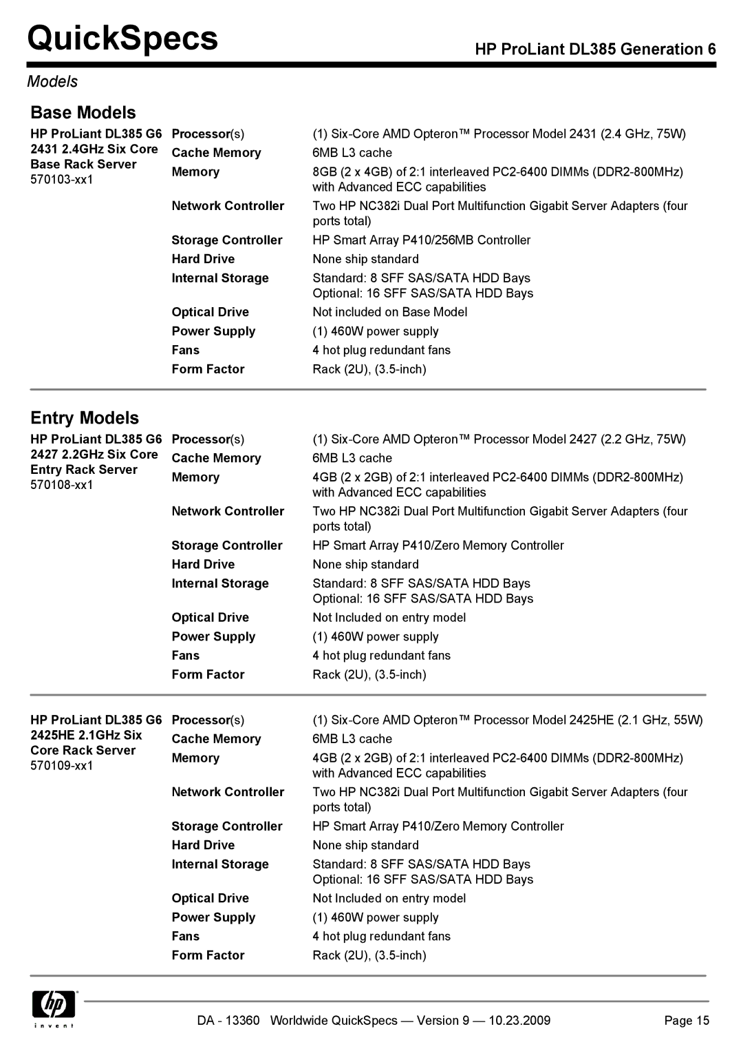 HP DL385 manual Base Models 