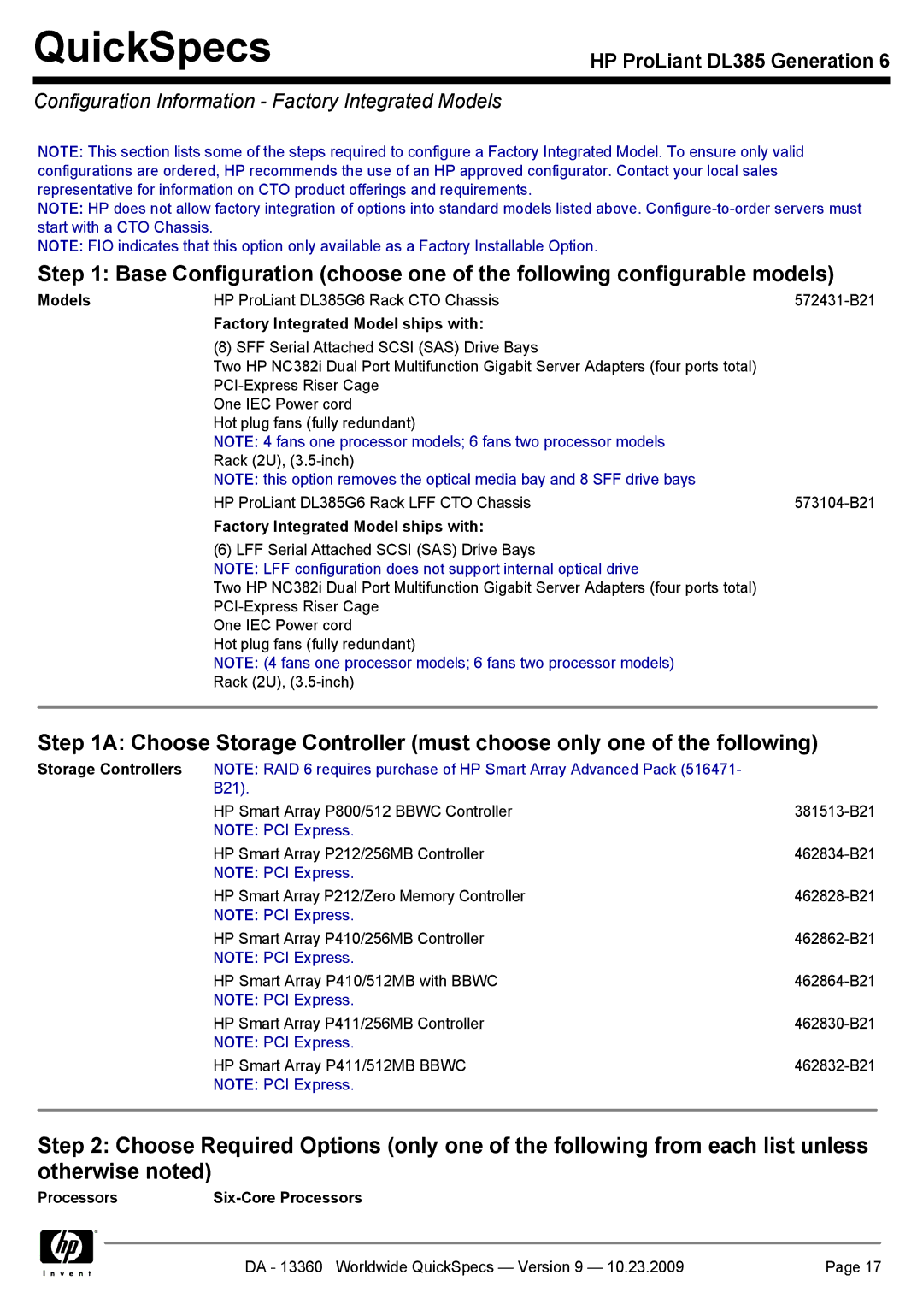 HP DL385 Configuration Information Factory Integrated Models, Factory Integrated Model ships with, Storage Controllers 