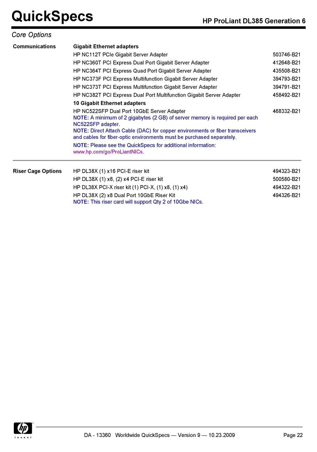 HP DL385 manual Communications Gigabit Ethernet adapters, Riser Cage Options 