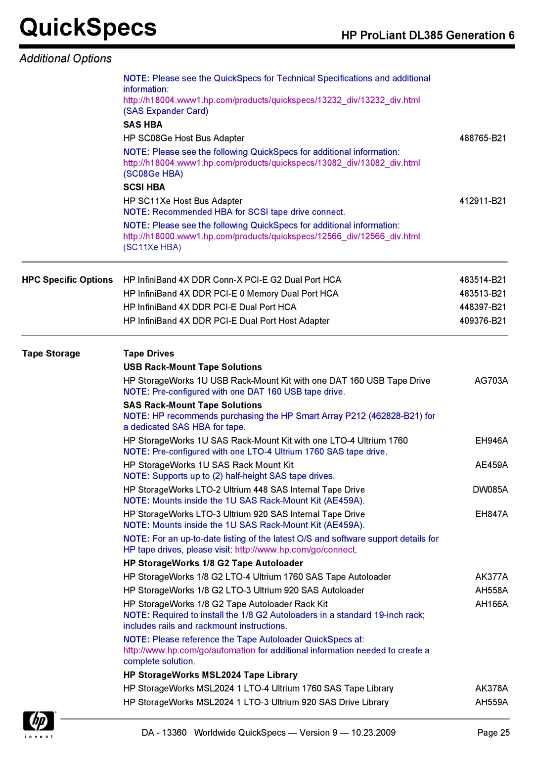 HP DL385 manual HPC Specific Options, Tape Storage Tape Drives USB Rack-Mount Tape Solutions, SAS Rack-Mount Tape Solutions 