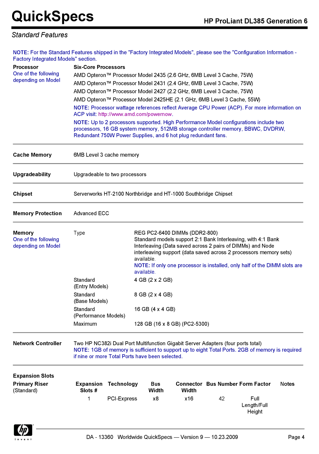 HP DL385 manual Standard Features 