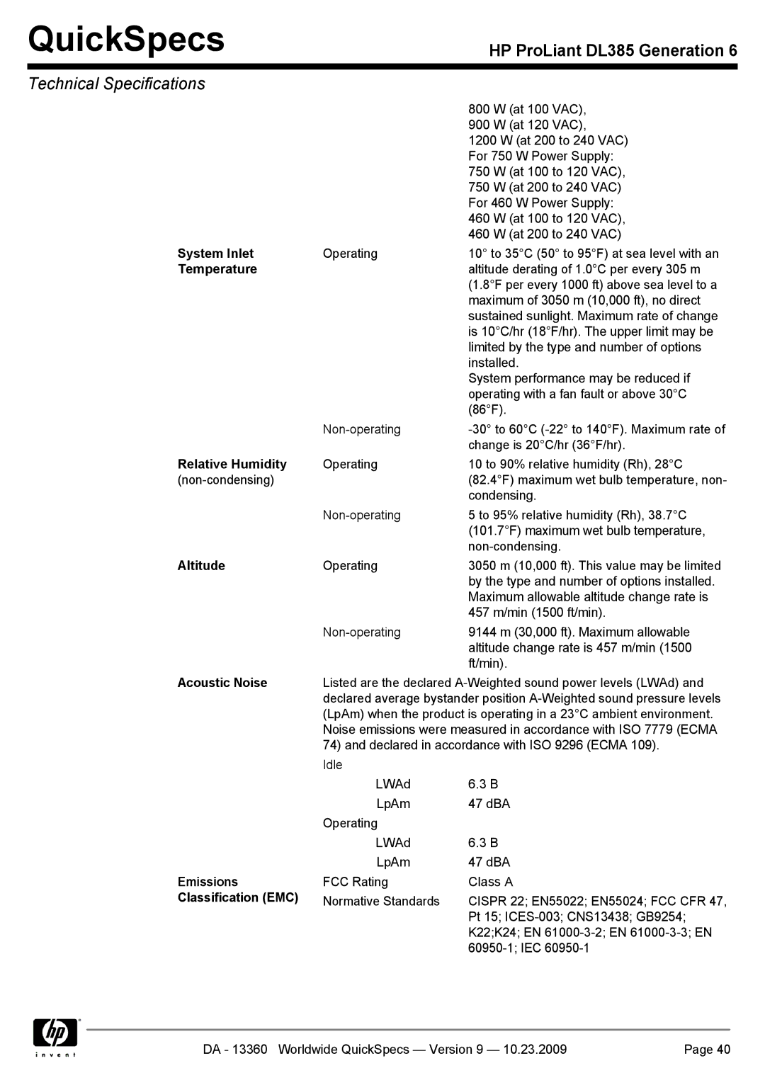 HP DL385 manual System Inlet, Temperature, Relative Humidity, Altitude, Acoustic Noise Emissions Classification EMC 