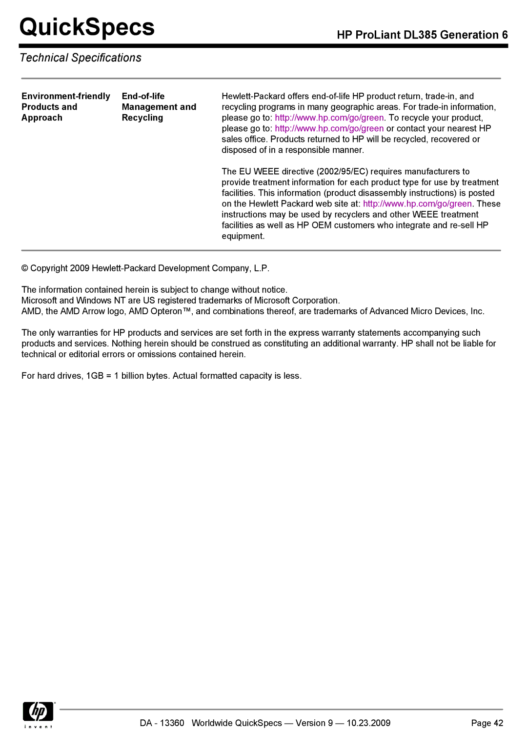 HP DL385 manual Environment-friendly End-of-life, Products Management, Approach Recycling 