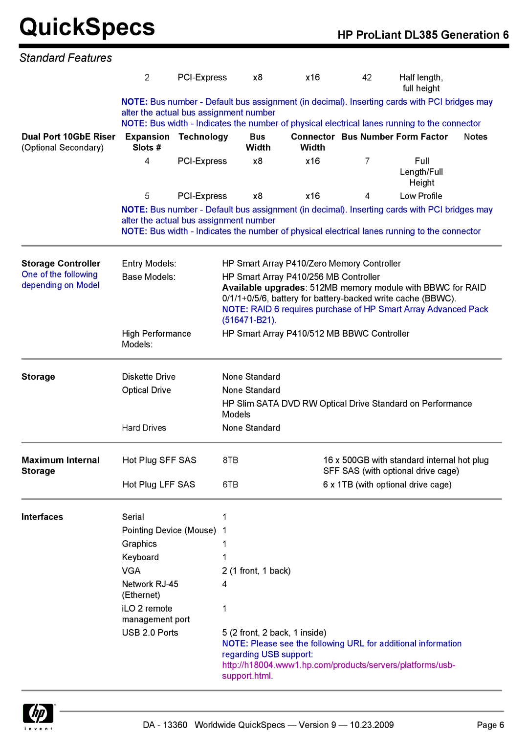 HP DL385 manual Storage, Maximum Internal, Interfaces 