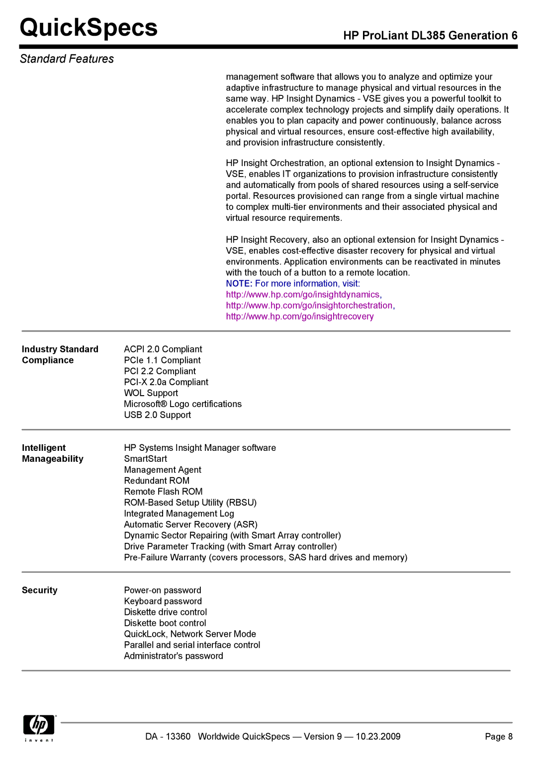 HP DL385 manual Industry Standard, Compliance, Intelligent, Manageability, Security 