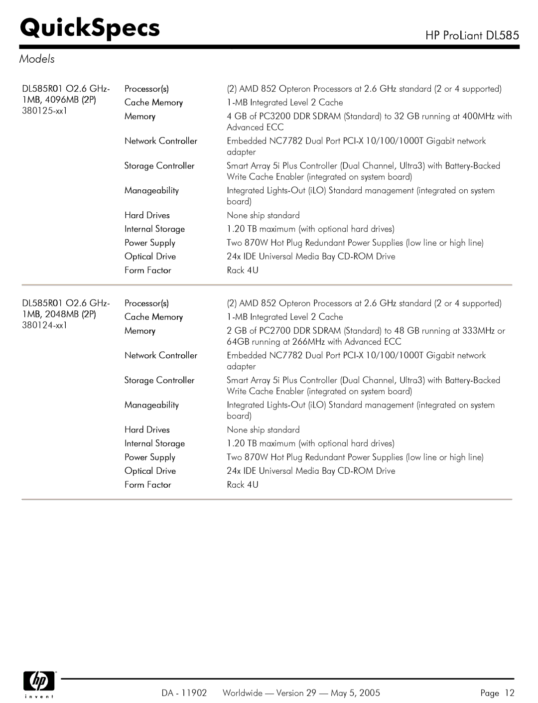 HP DL585 manual Models 