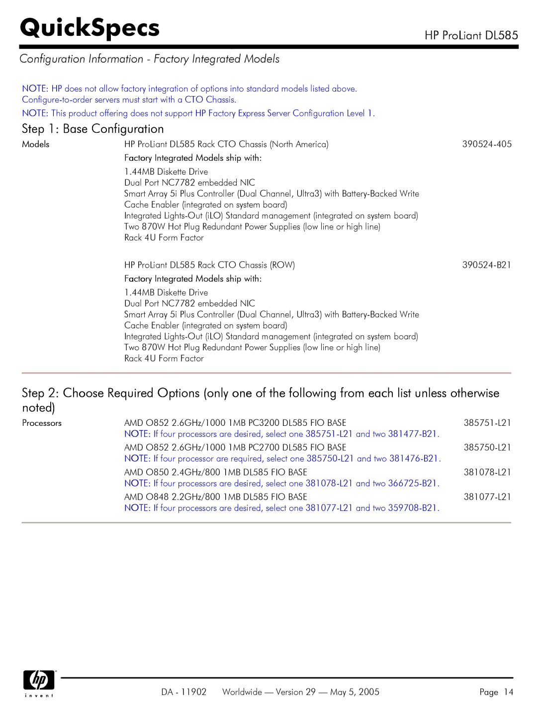 HP DL585 manual Configuration Information Factory Integrated Models, Factory Integrated Models ship with 