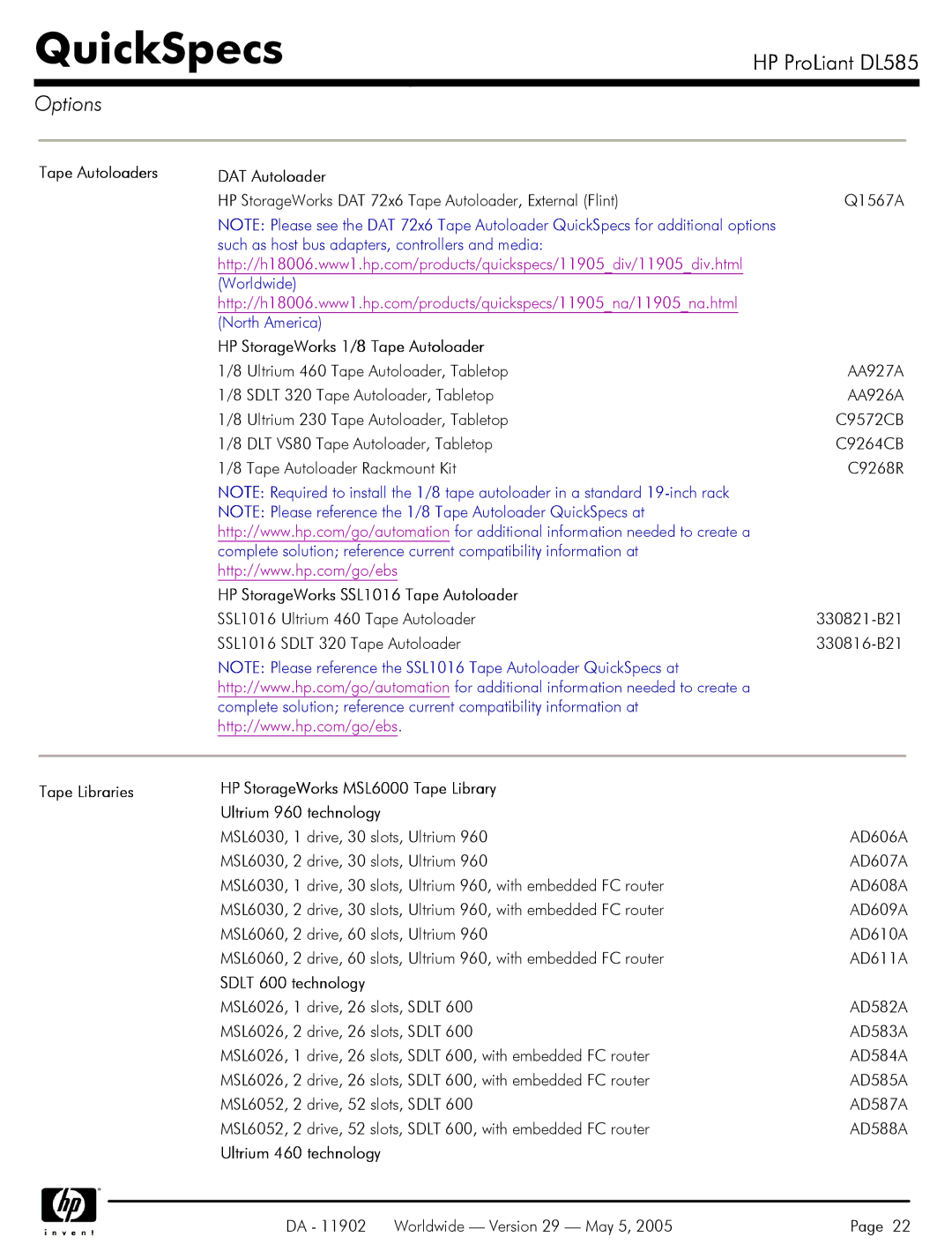 HP DL585 Tape Autoloaders DAT Autoloader, HP StorageWorks 1/8 Tape Autoloader, HP StorageWorks SSL1016 Tape Autoloader 