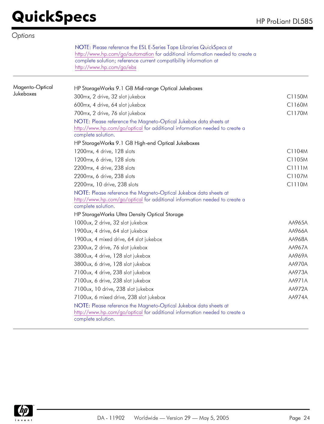 HP DL585 manual HP StorageWorks 9.1 GB Mid-range Optical Jukeboxes, HP StorageWorks 9.1 GB High-end Optical Jukeboxes 