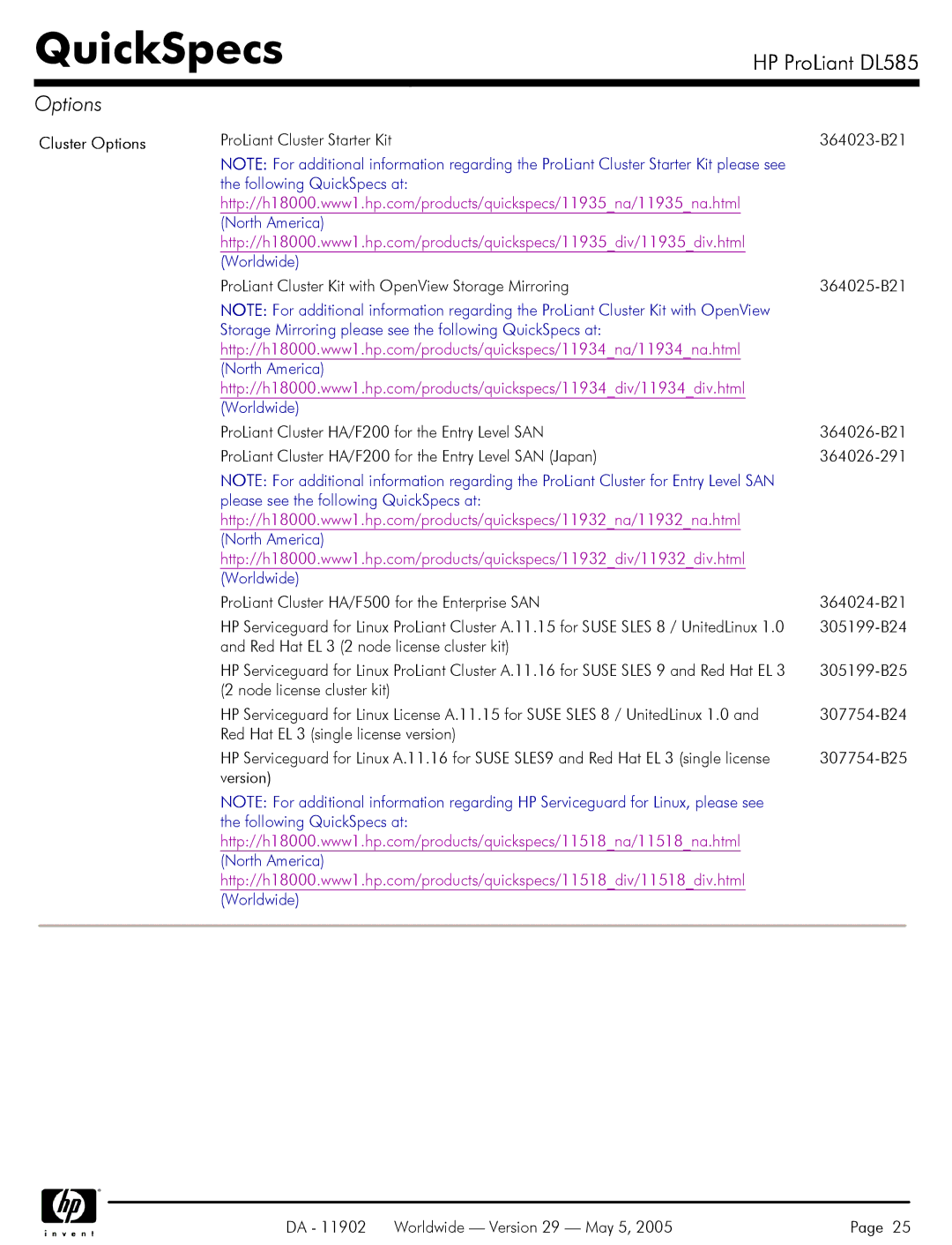 HP DL585 manual Cluster Options 