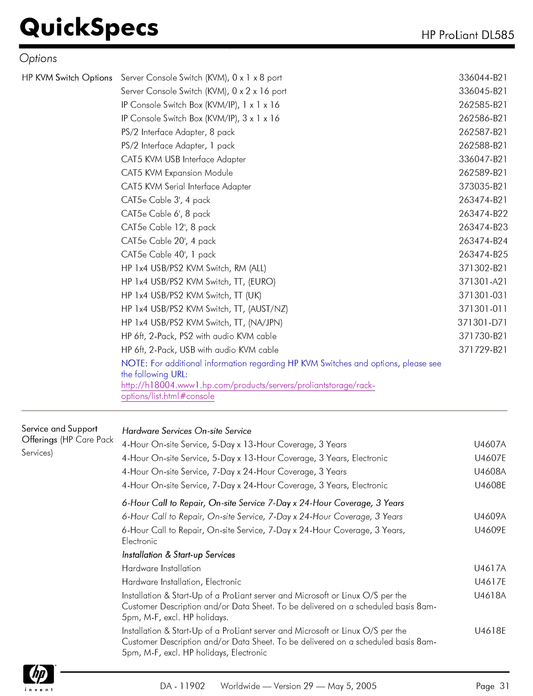 HP DL585 manual Service and Support, Hardware Services On-site Service, Installation & Start-up Services 