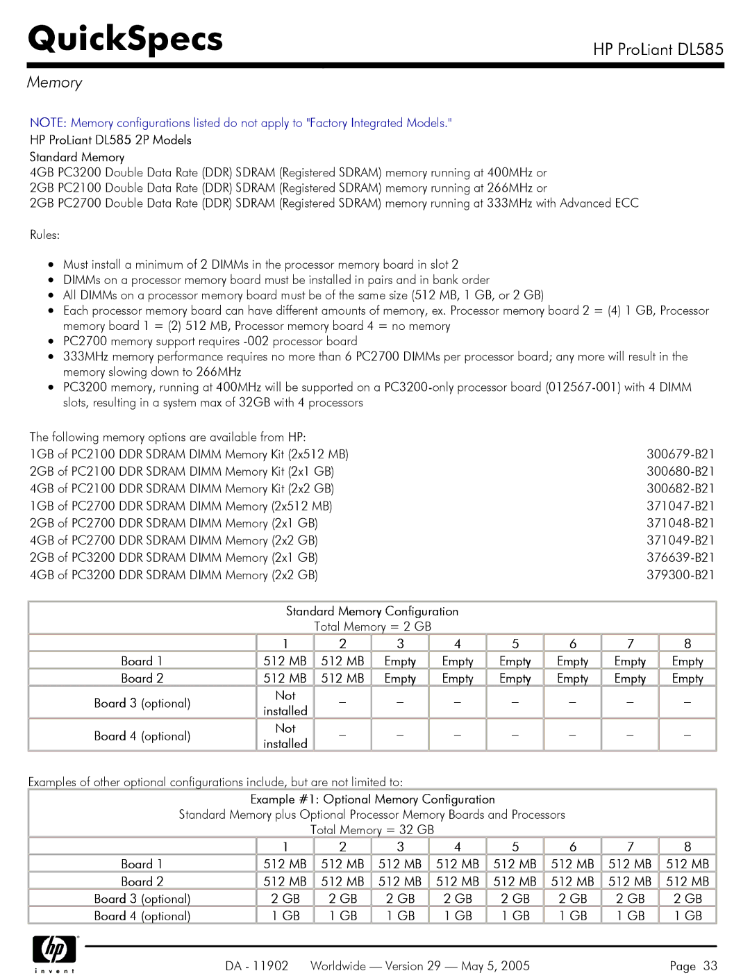 HP DL585 manual Memory 