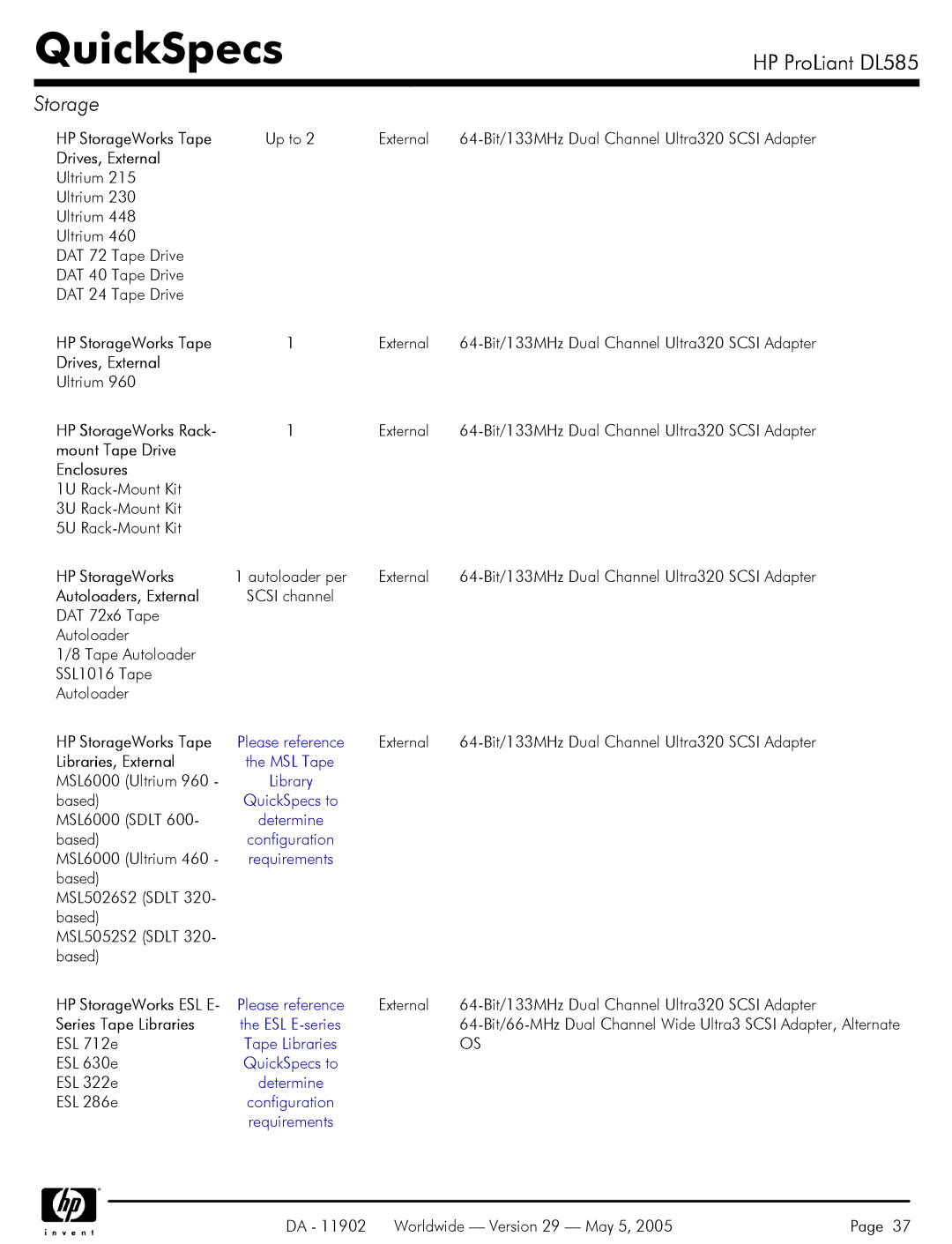 HP DL585 HP StorageWorks Tape, Drives, External, Mount Tape Drive Enclosures, Autoloaders, External, Libraries, External 