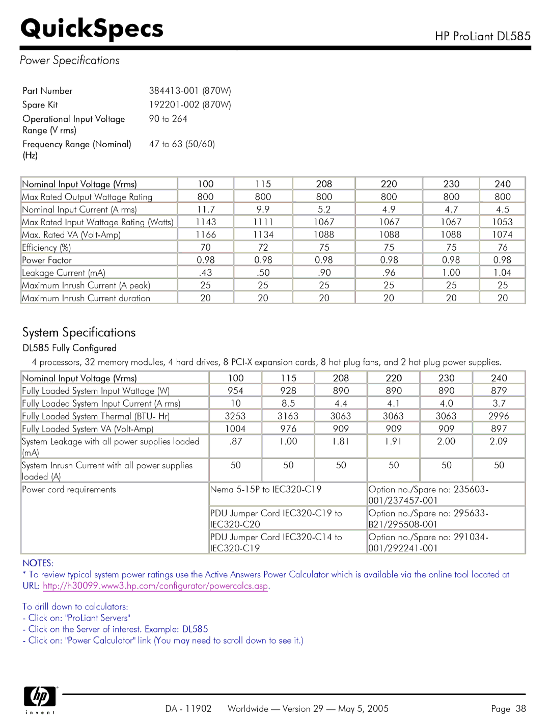 HP DL585 manual Power Specifications 