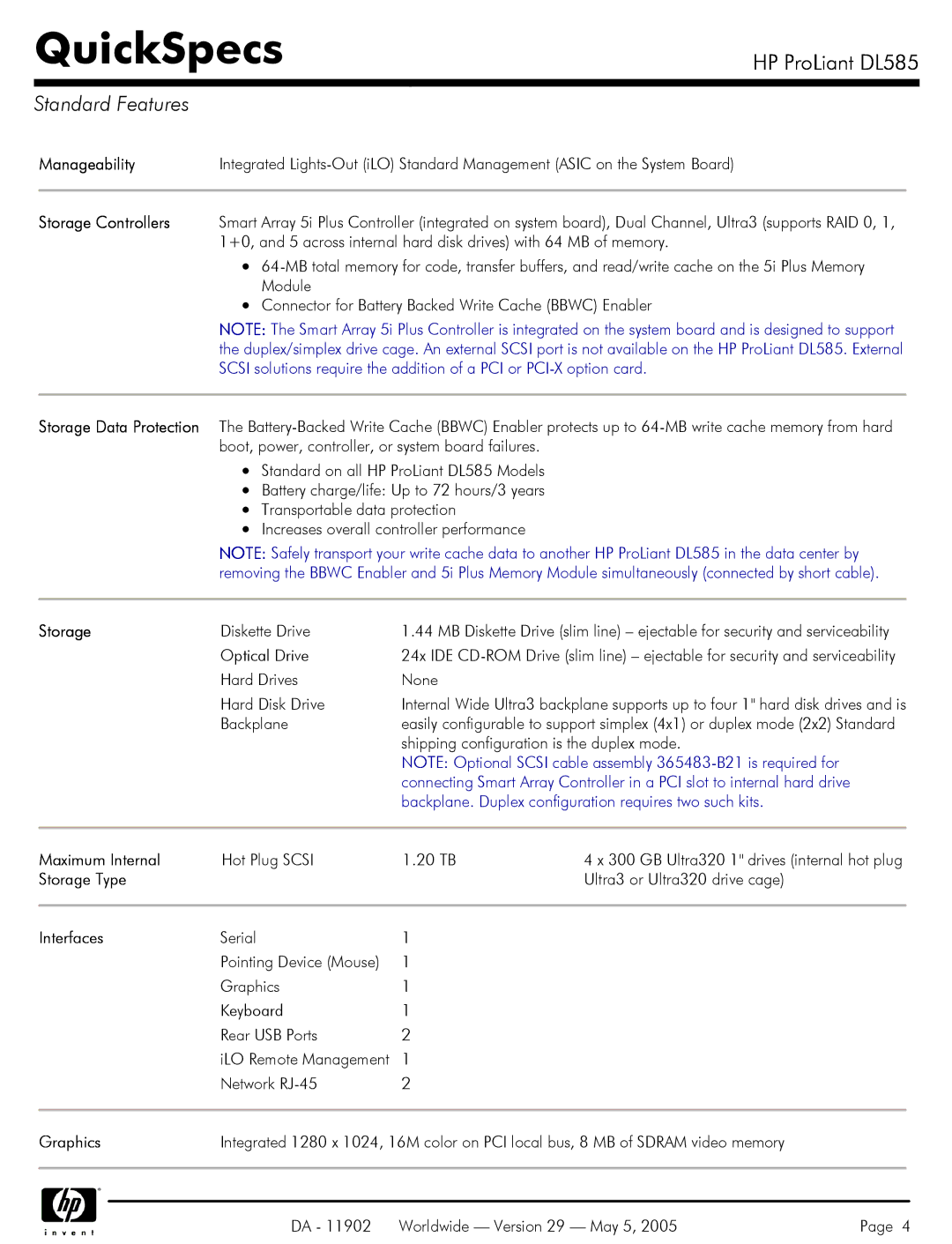 HP DL585 manual Manageability, Maximum Internal, Storage Type, Interfaces, Graphics 