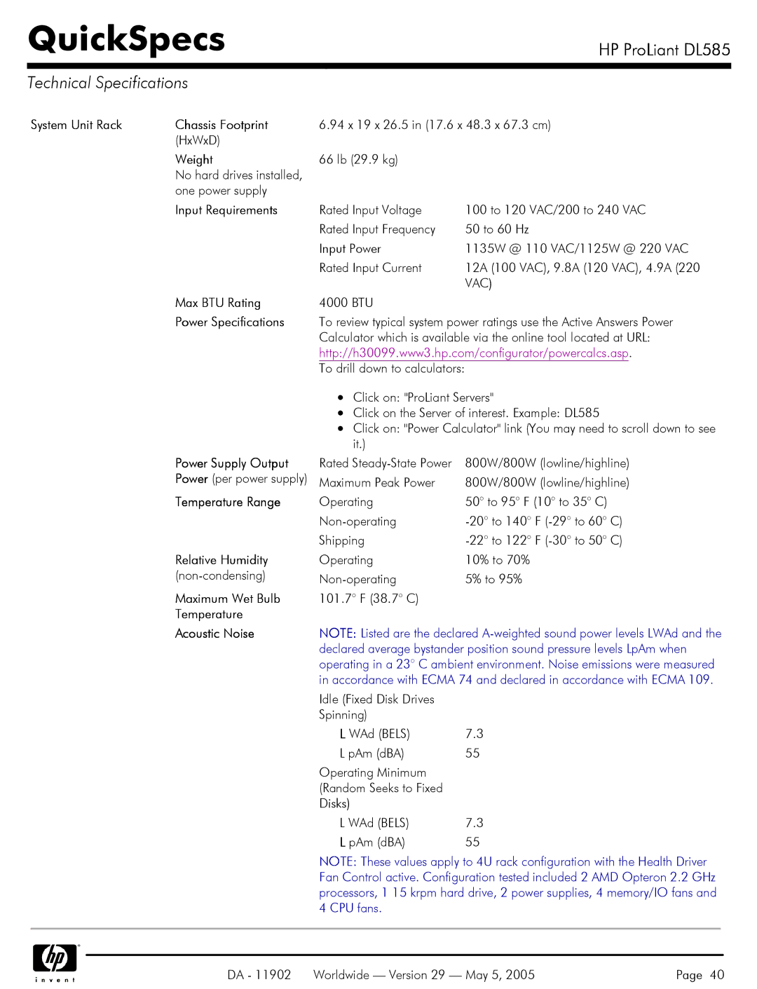 HP DL585 manual Technical Specifications 