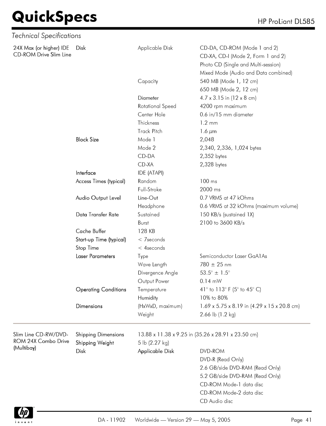 HP DL585 24X Max or higher IDE Disk, CD-ROM Drive Slim Line, Block Size, Interface, Access Times typical, Cache Buffer 