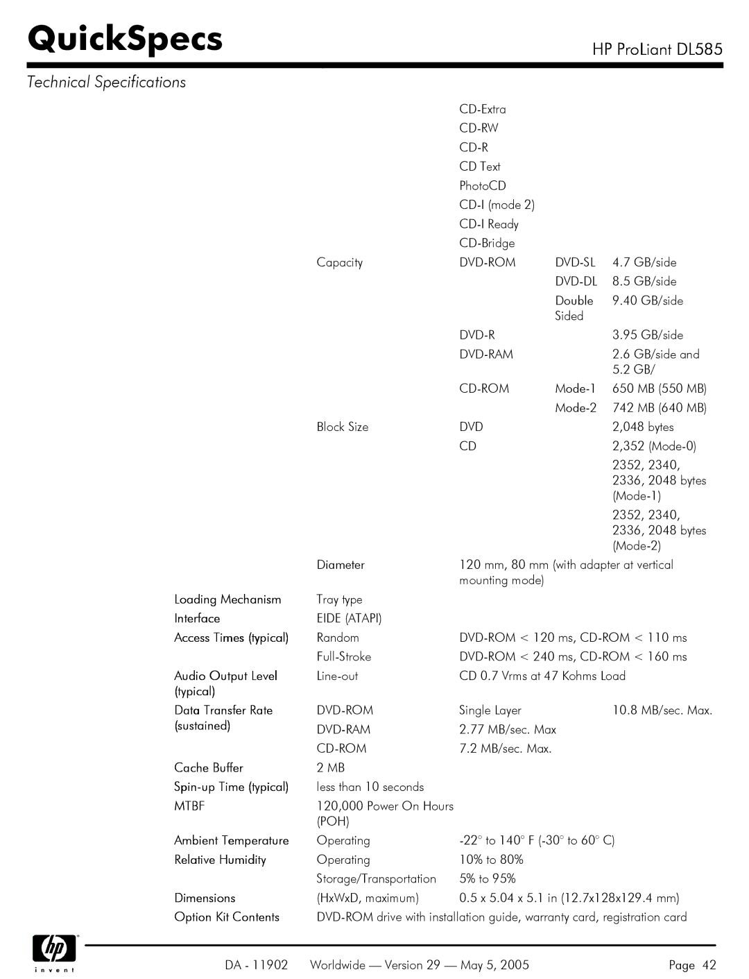 HP DL585 Loading Mechanism, Typical Data Transfer Rate, Sustained, Cache Buffer Spin-up Time typical, Ambient Temperature 