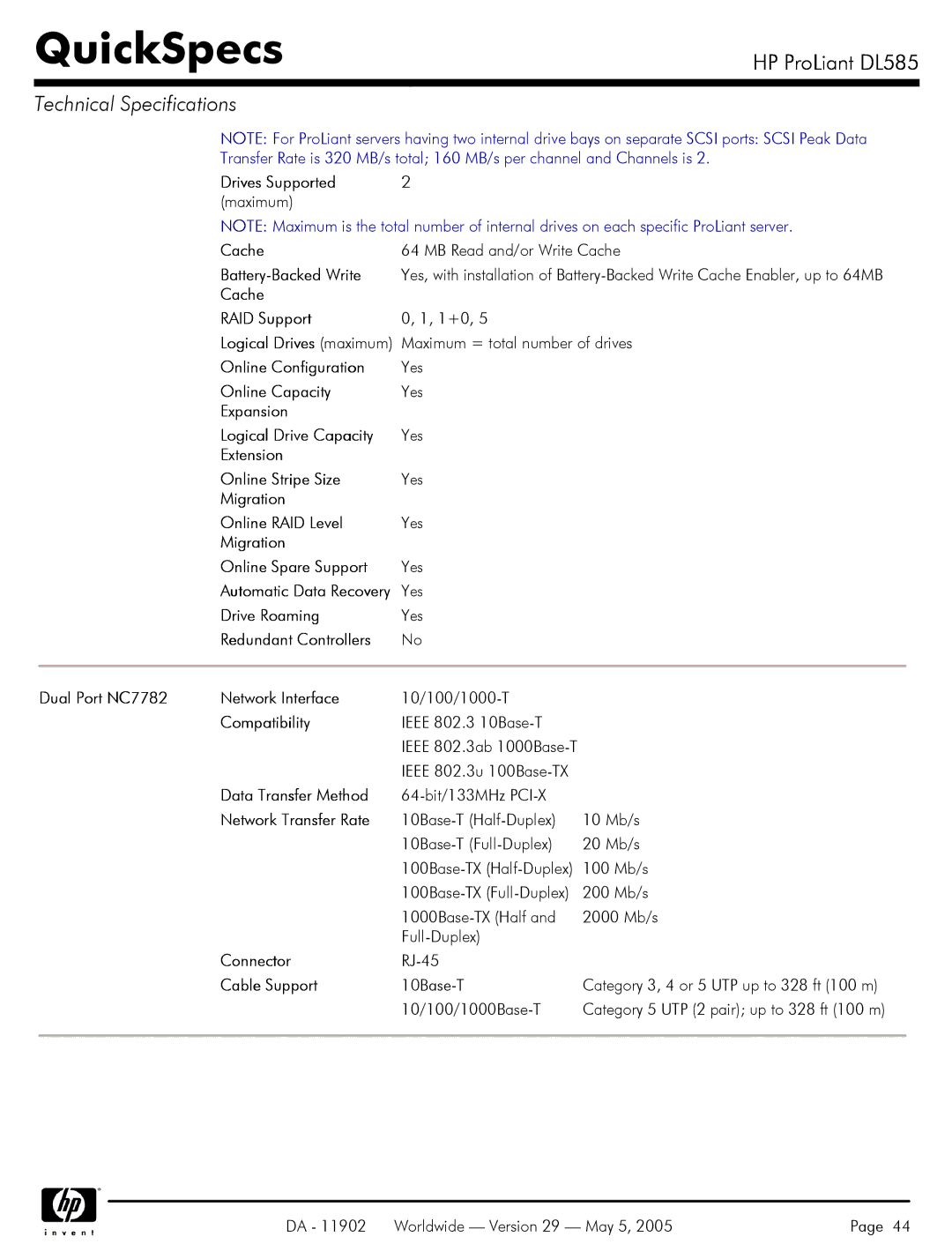 HP DL585 Drives Supported, Battery-Backed Write, Cache RAID Support, Online Configuration, Online Capacity, Connector 