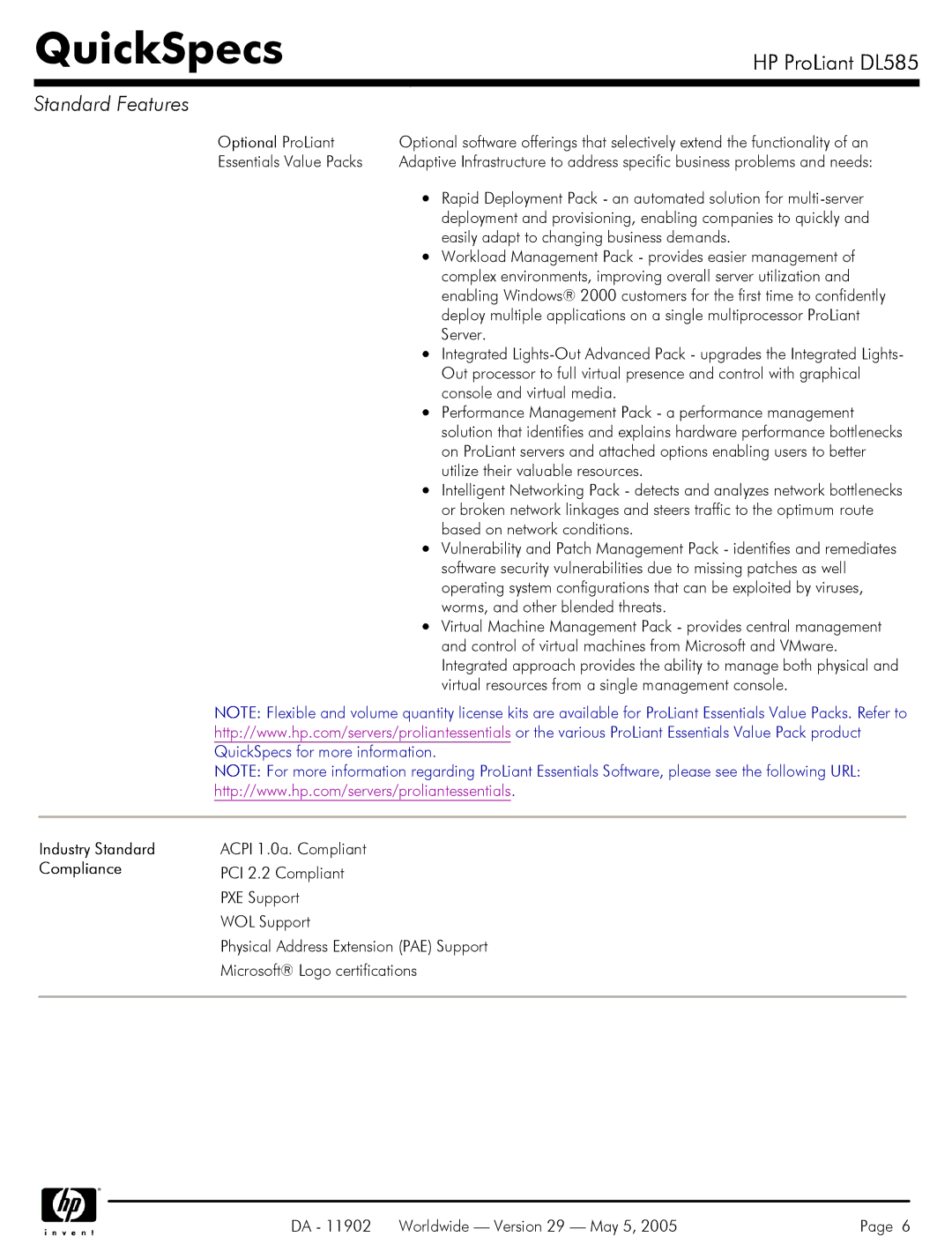 HP DL585 manual Industry Standard, Compliance 