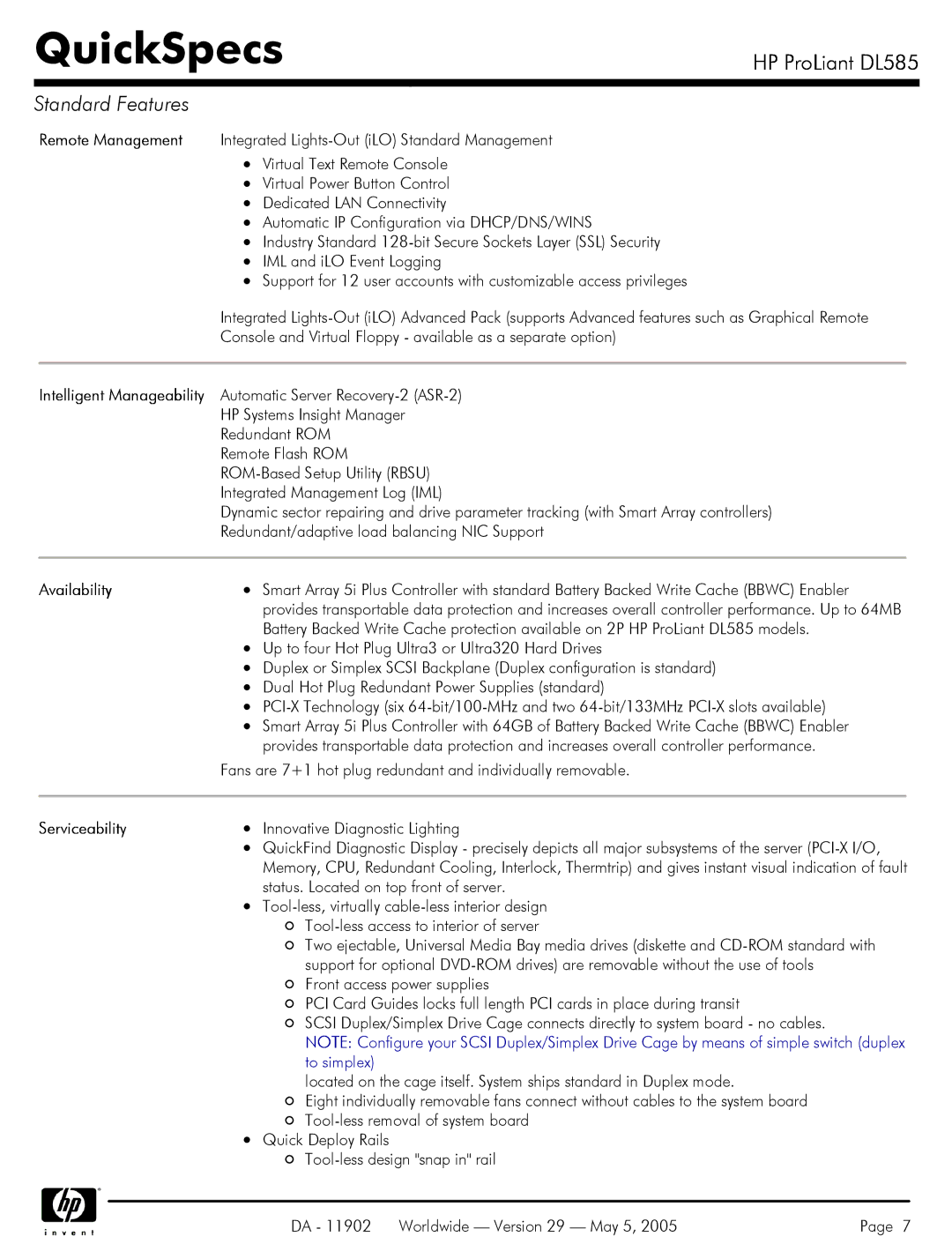 HP DL585 manual Availability, Serviceability 