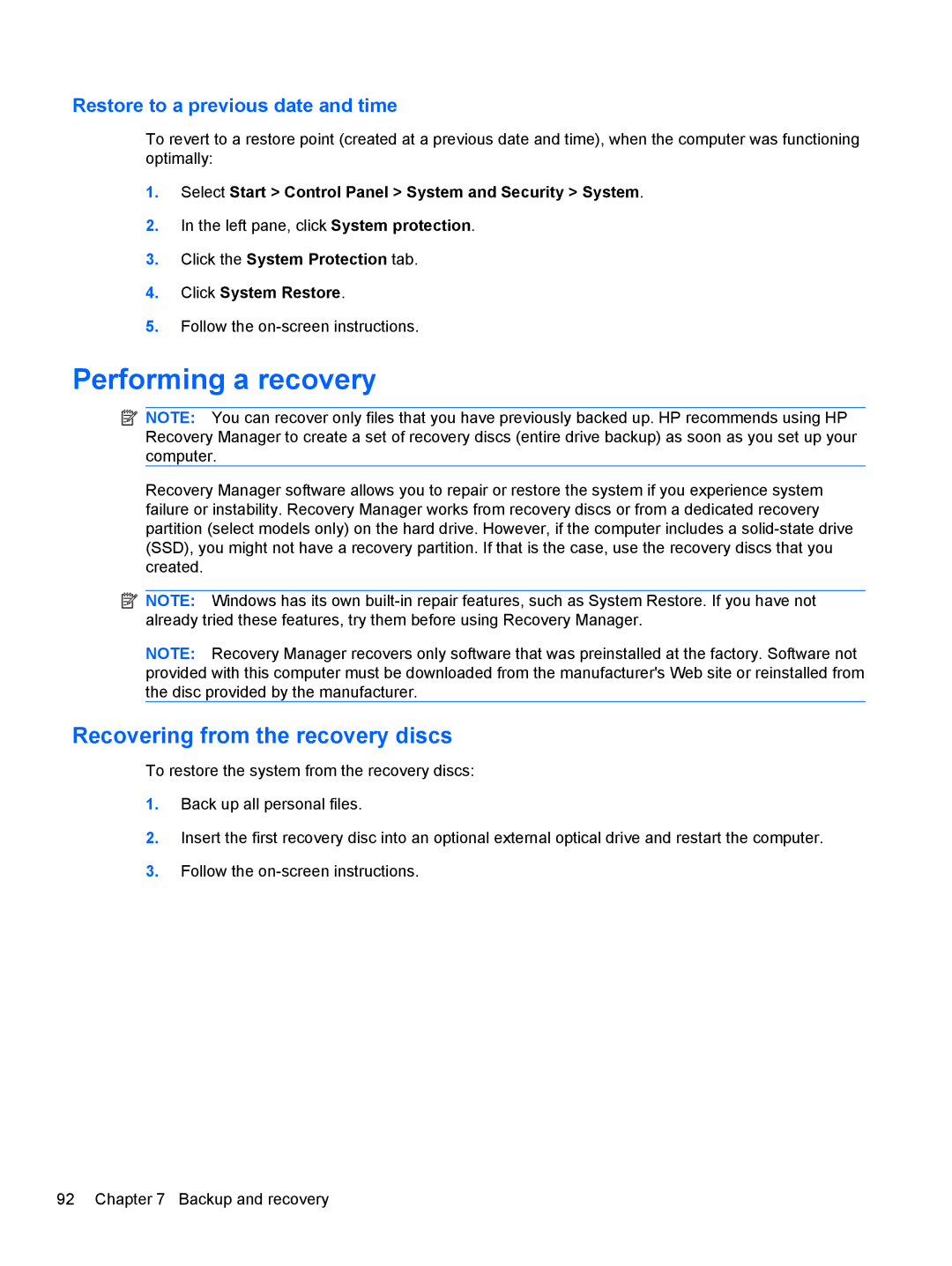 HP DM3 manual Performing a recovery, Recovering from the recovery discs 