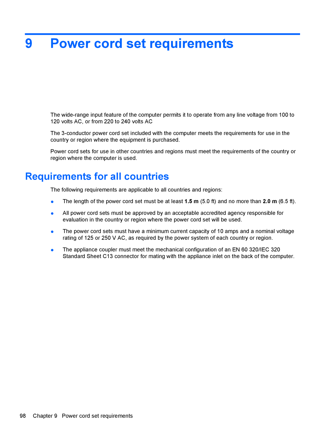 HP DM3 manual Power cord set requirements, Requirements for all countries 